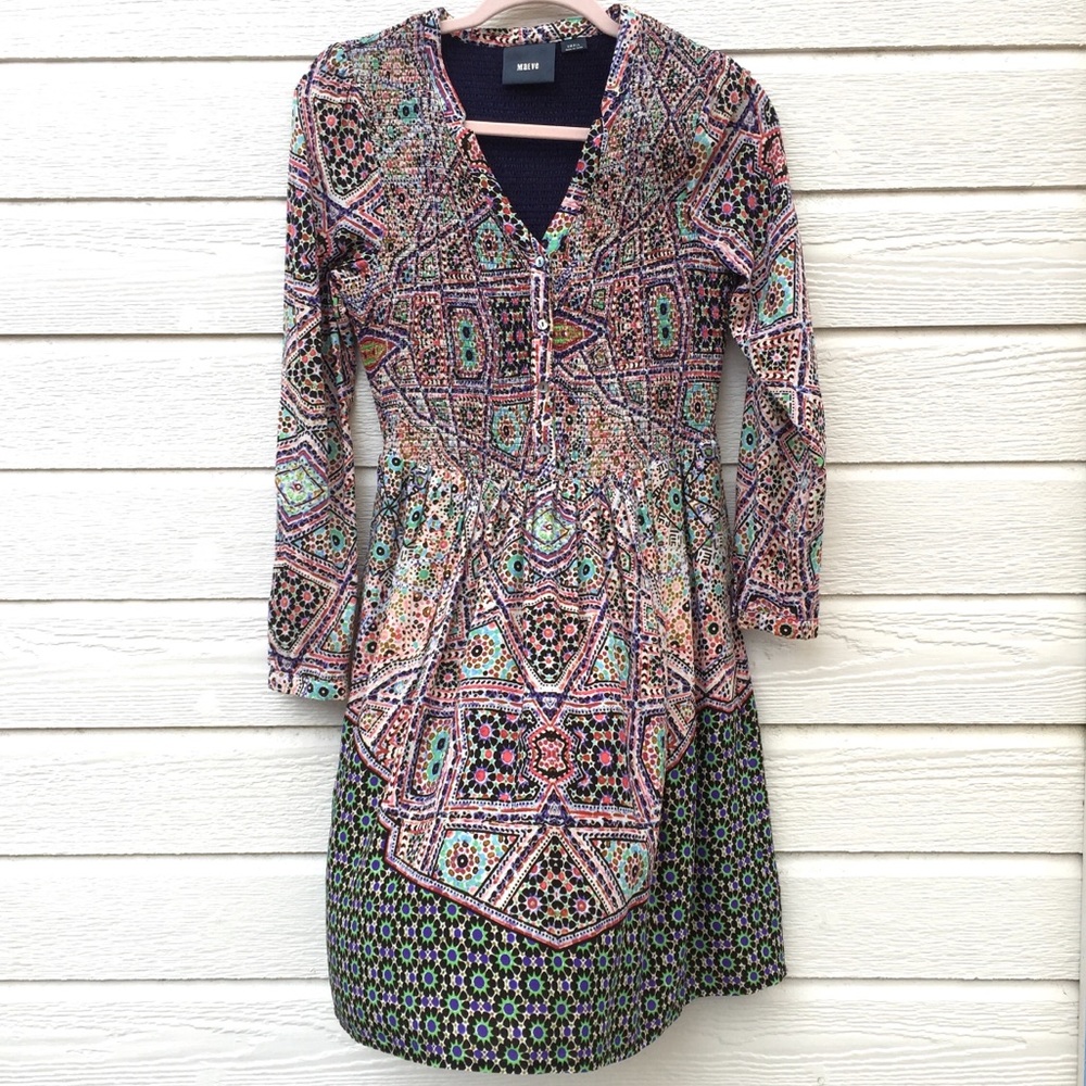 Anthropologie Maeve | smocked tiled boho dress